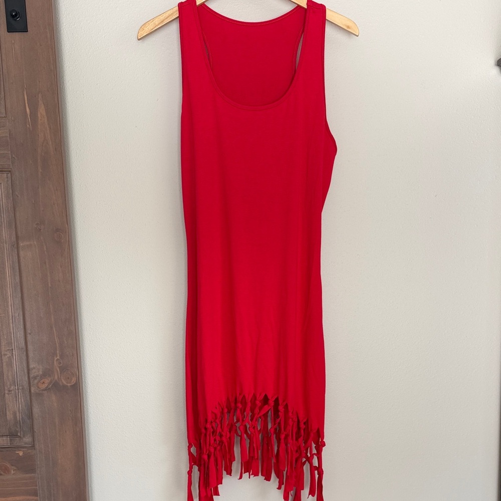 Red Fringe Tank Dress/swim cover up L